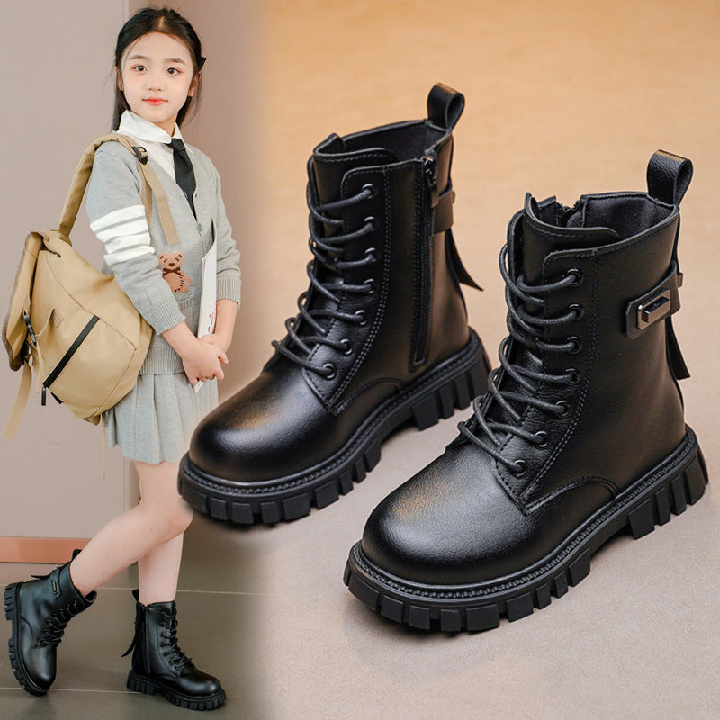 Girls British Style Fleece Lined Short Leather Boots Kids Winter
