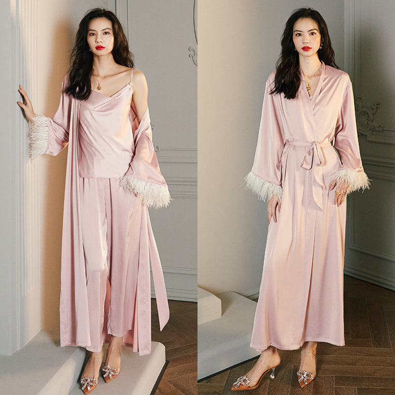 Ice Silk Satin Pajama Set Women Camisole Long Pants Robe