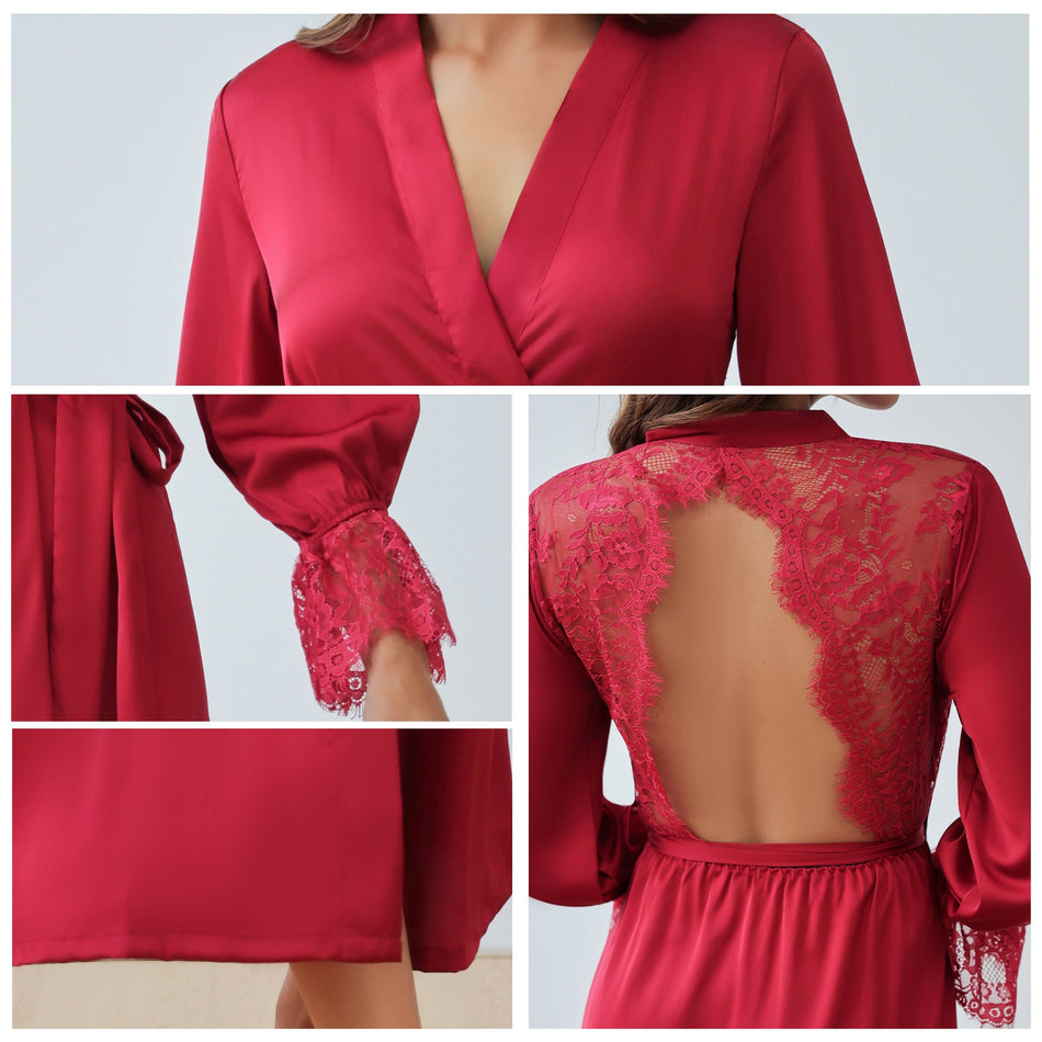 Satin Chiffon Lace Backless Nightgown Pajamas Women Summer