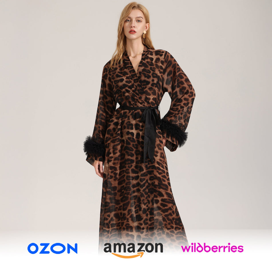 Leopard Print Pearl Gauze Dressing Gown Women Long Sleeve