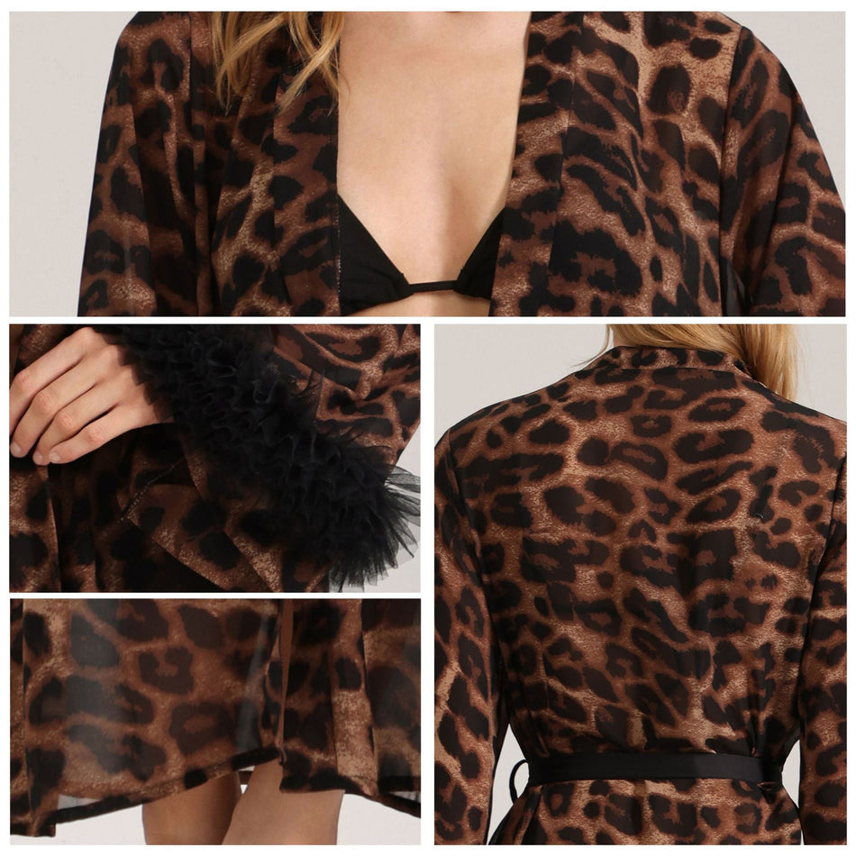 Leopard Print Pearl Gauze Dressing Gown Women Long Sleeve