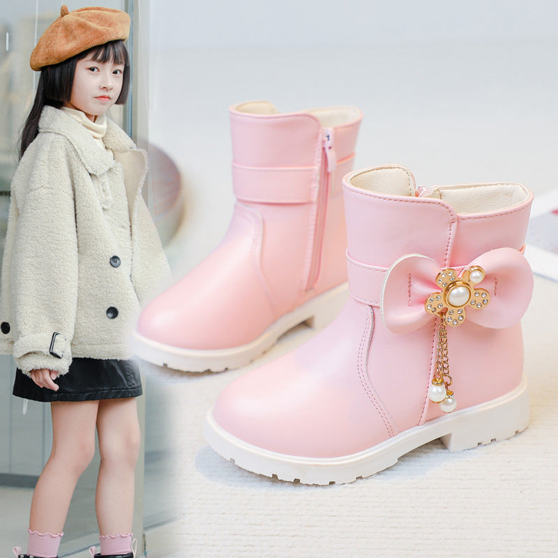Girls Princess Leather Short Boots Fleece Lined Autumn Winter