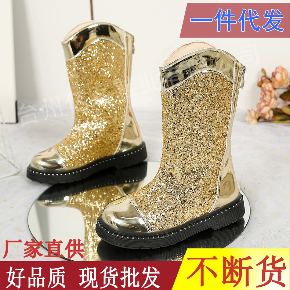 Girls Sequined Leather Short Boots Soft Sole Princess Style Shoes