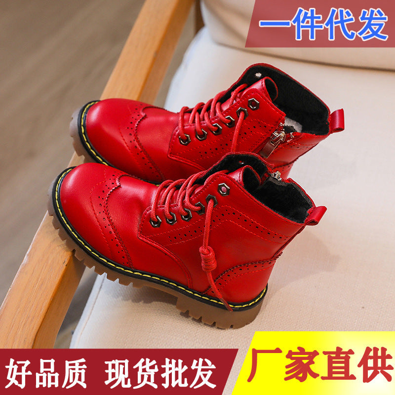 Girls Korean Style Lace Up Zipper Boots Fleece Lined Winter Shoes