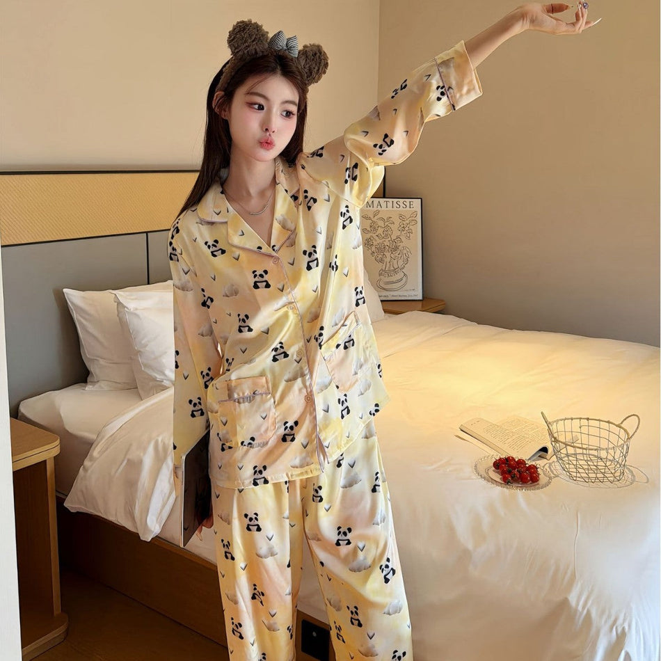 Ice Silk Panda Pajama Set Women Summer Air Conditioned Homewear