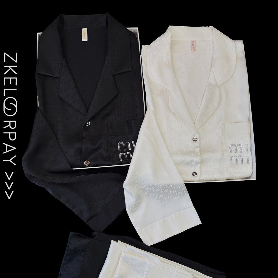 Ice Silk Jacquard Couple Pajama Set with Rhinestone Detail