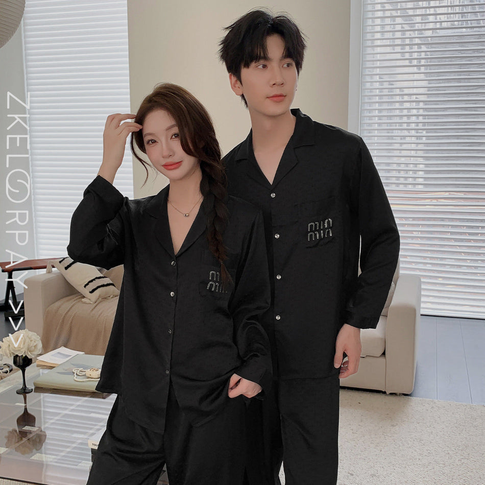 Ice Silk Jacquard Couple Pajama Set with Rhinestone Detail