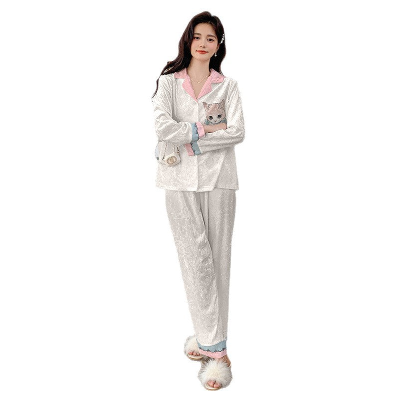 Golden Velvet Printed Pajama Set Women Long Sleeve Winter
