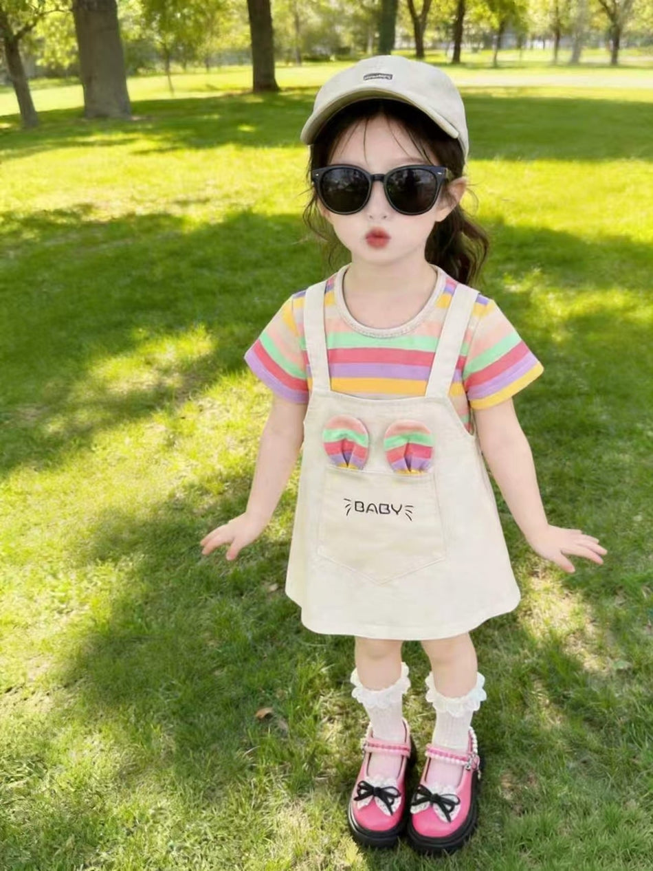 Girls Colorful Striped Short Sleeve Summer Dress Lightweight