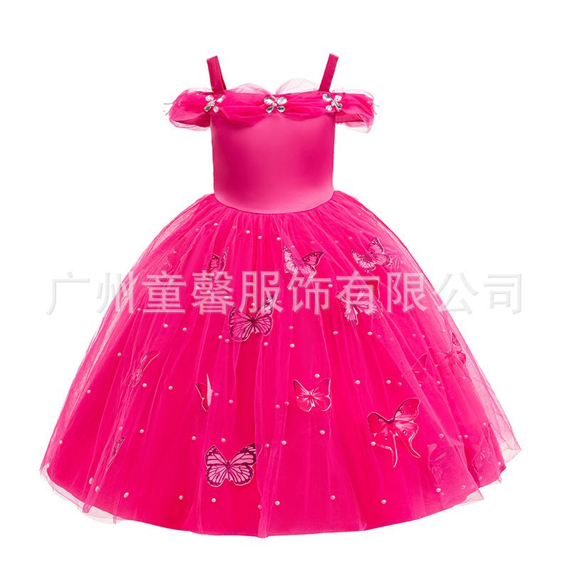 Girls Mesh Princess Rhinestone Butterfly Off Shoulder Dress