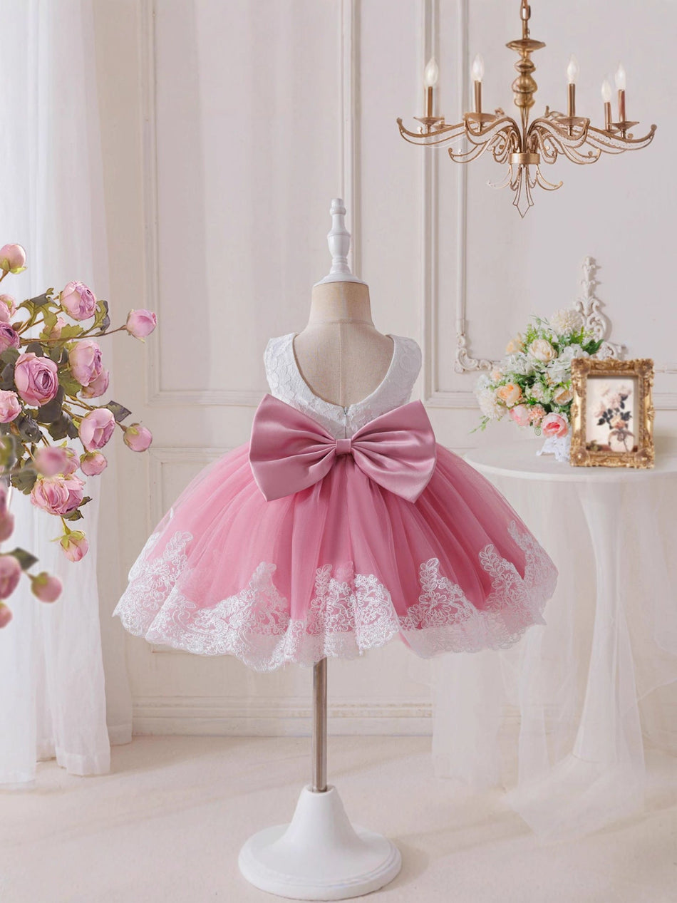 Girls Lace Long Sleeve Baptism Dress Bow Beaded Occasion Gown
