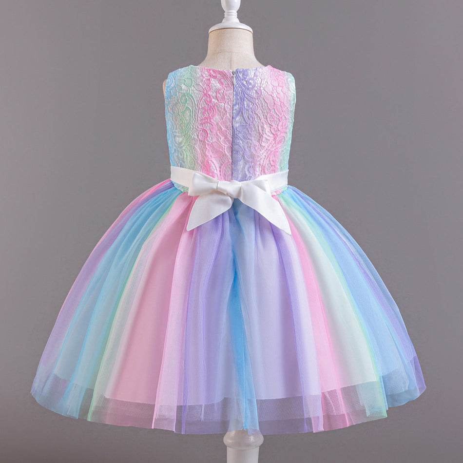 Girls Sleeveless Mesh Vest Princess Dress Colorful A Line Skirt
