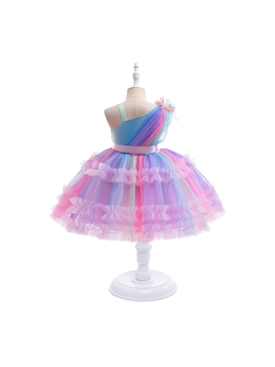 Girls Rainbow One Shoulder Tulle Princess Performance Dress
