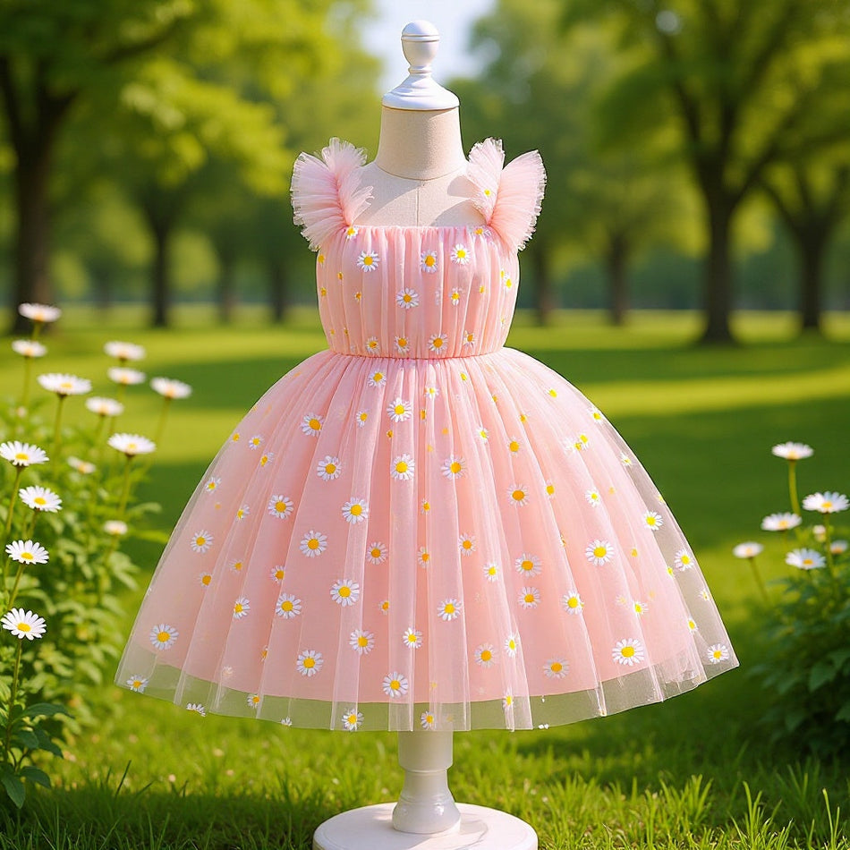 Girls Daisy Mesh Strap Princess Dress Fluffy Lolita Gown
