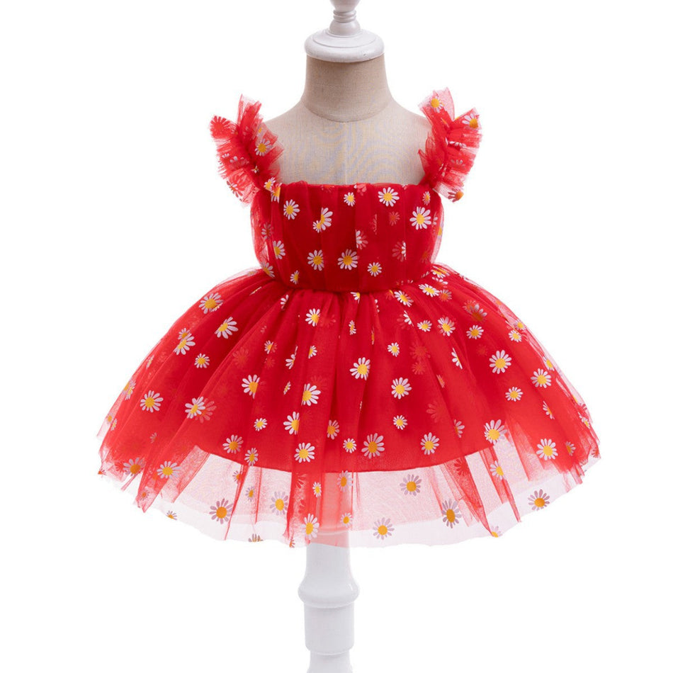Girls Daisy Mesh Strap Princess Dress Fluffy Lolita Gown