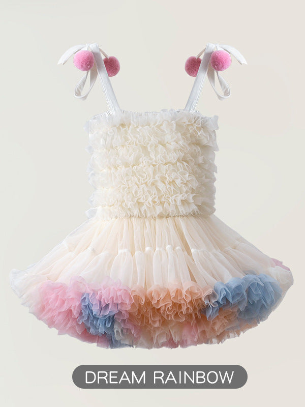 Girls Mesh Tutu Suspender Princess Dress Layered Cake Skirt