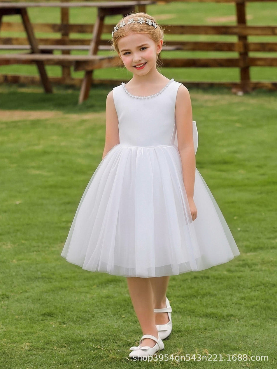 Girls Sleeveless Bow Tutu Princess Dress Backless Gown