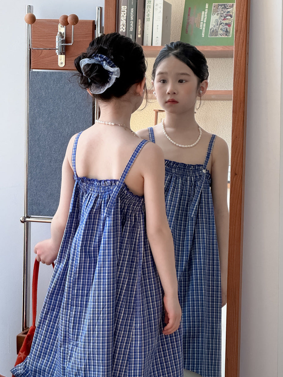 Girls Korean Style Plaid Strap Dress Sleeveless Summer Casual
