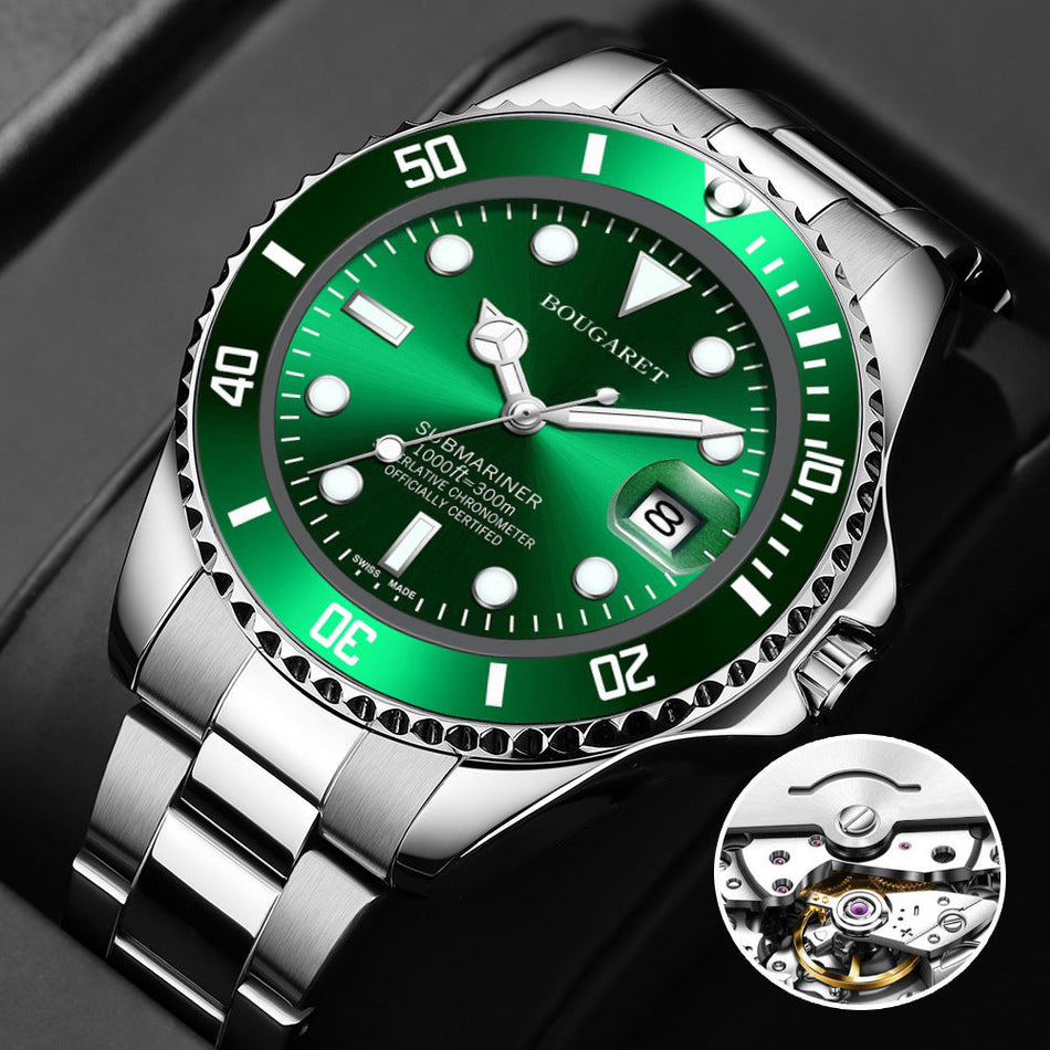 Men's Automatic Luminous Steel Watch Green Dial Calendar