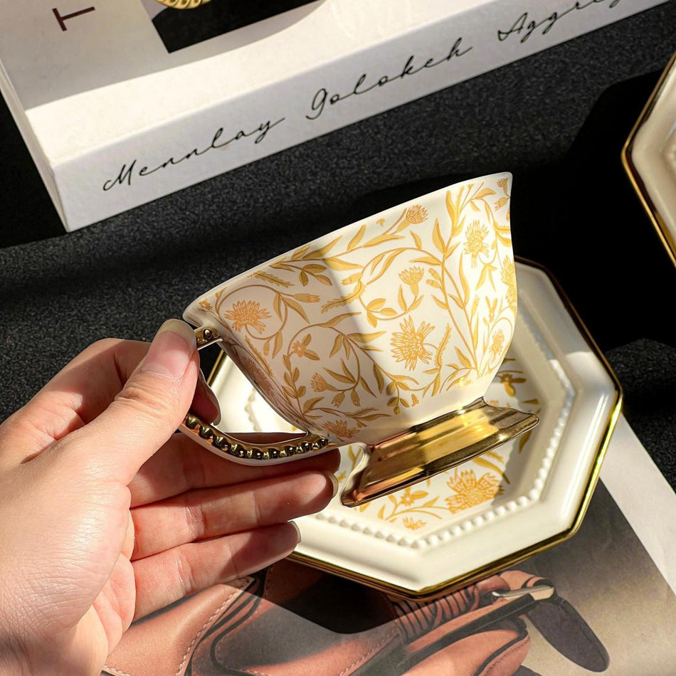 Retro Mandala Gold Ceramic Coffee Cup and Saucer Set
