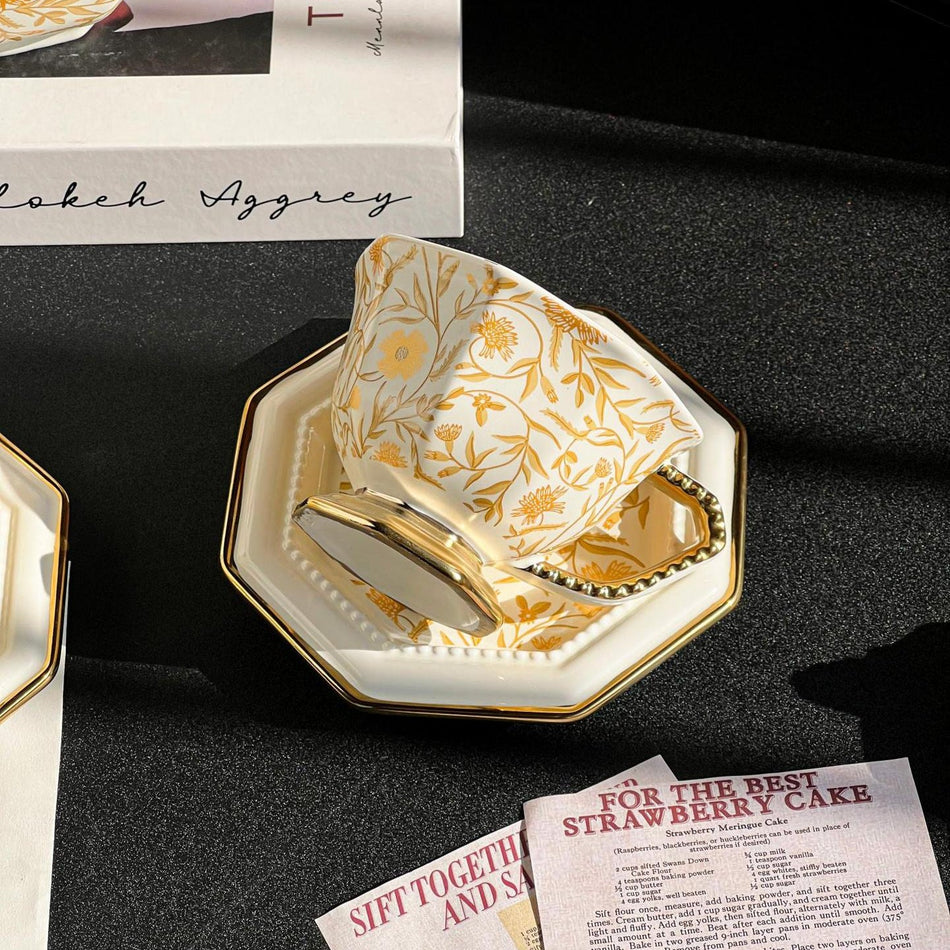 Retro Mandala Gold Ceramic Coffee Cup and Saucer Set