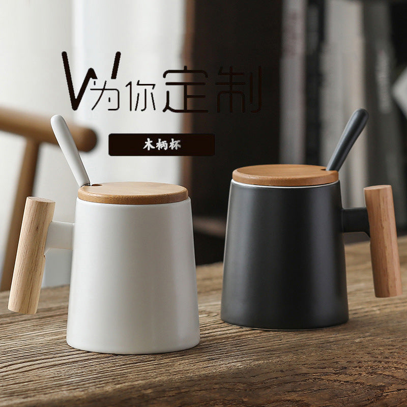 Ceramic Tea and Coffee Cup with Wooden Handle Lid Set