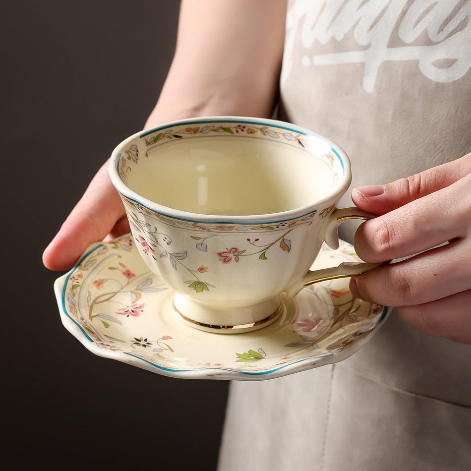 2Pc European Flower Ceramic Coffee Cup and Saucer Set