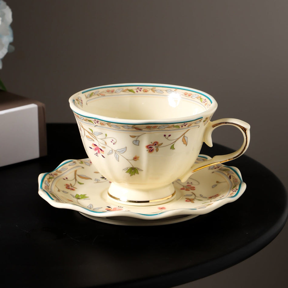 2Pc European Flower Ceramic Coffee Cup and Saucer Set