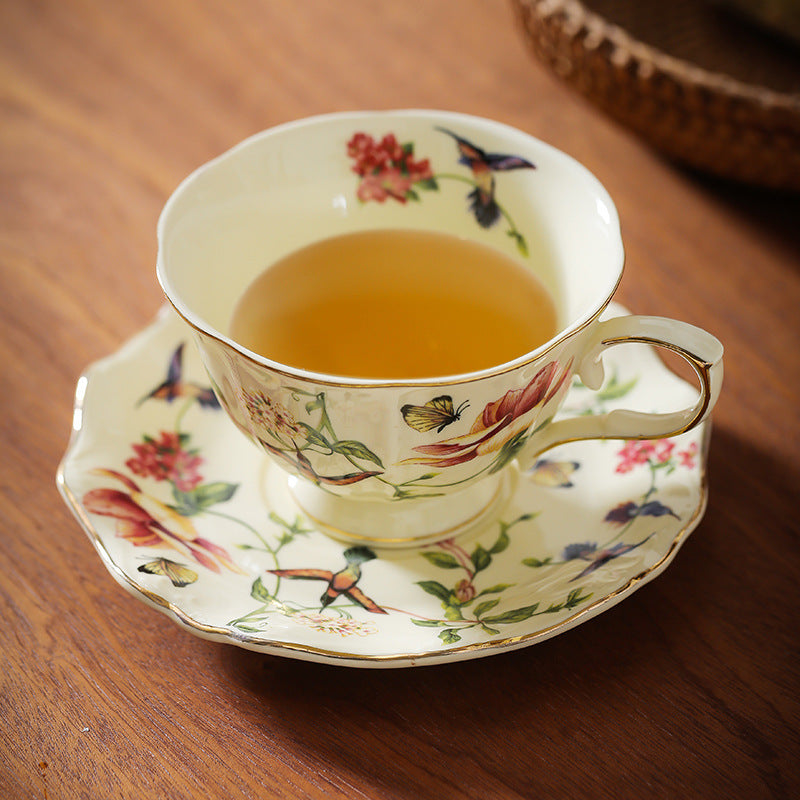 2Pc Elegant Western-Style Flower and Bird Ceramic Coffee Cup &