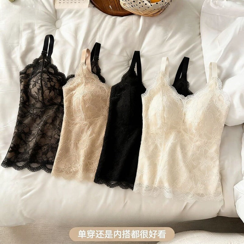 Plus Size Ice Silk Lace Camisole with Built-In Wireless Bra
