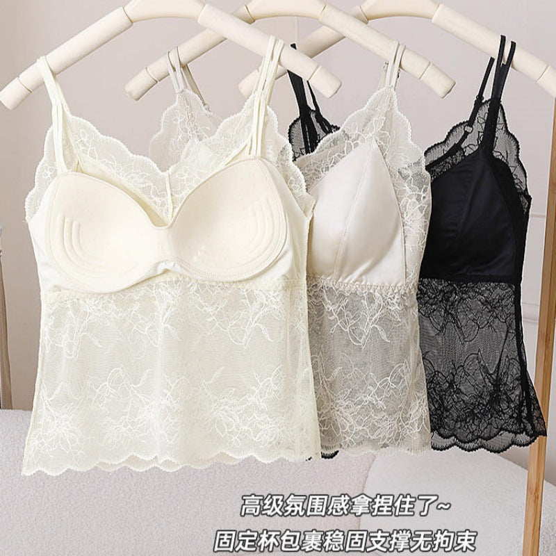 French Style Seamless Lace Camisole with Built-In Wireless Bra