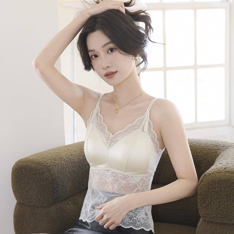 French Style Seamless Lace Camisole with Built-In Wireless Bra