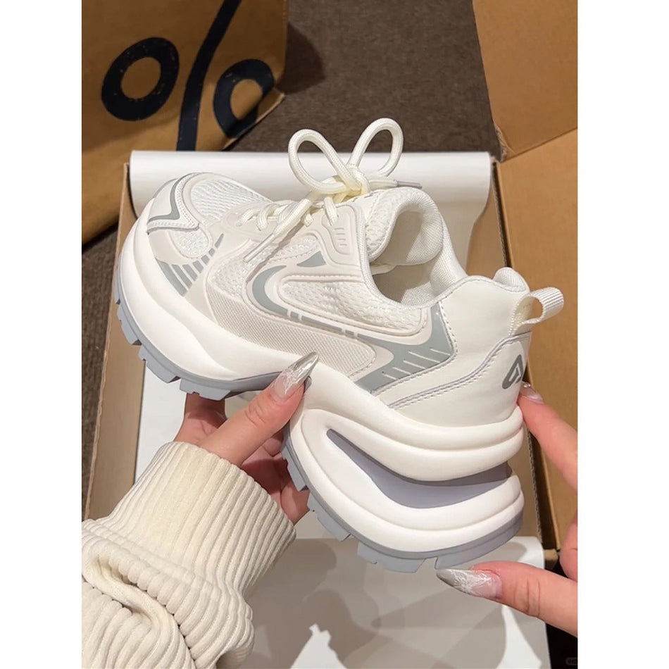 Women's Thick Sole White Dad Sneakers Breathable Mesh Casual