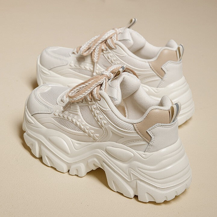 Women's Thick Sole White Dad Sneakers Breathable Mesh Casual