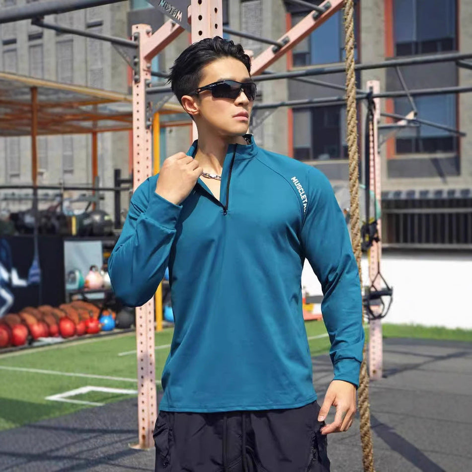Men's Half Zip Cotton Sports Long Sleeve Training T-Shirt Top