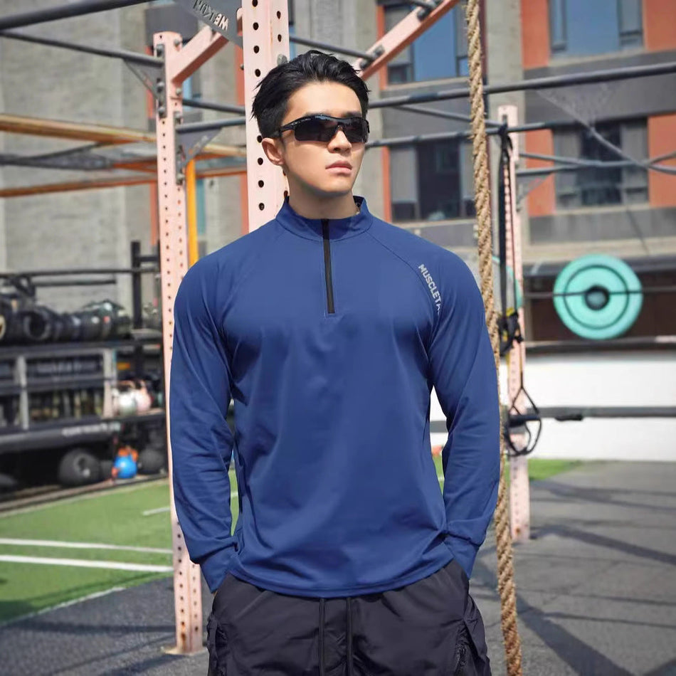 Men's Half Zip Cotton Sports Long Sleeve Training T-Shirt Top