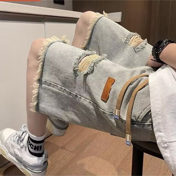 Men's Vintage Washed Ripped Loose Fit Denim Shorts