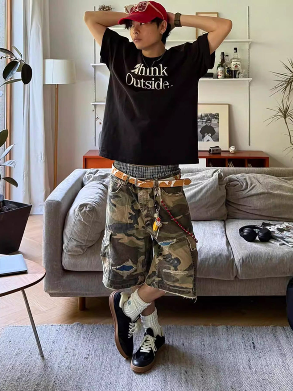 Men's Retro Ripped Patch Denim Cargo Shorts