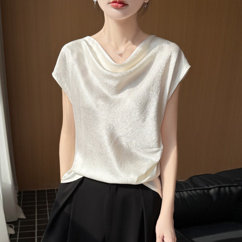 Women's Silk Satin Draped Collar Short Sleeve T-Shirt