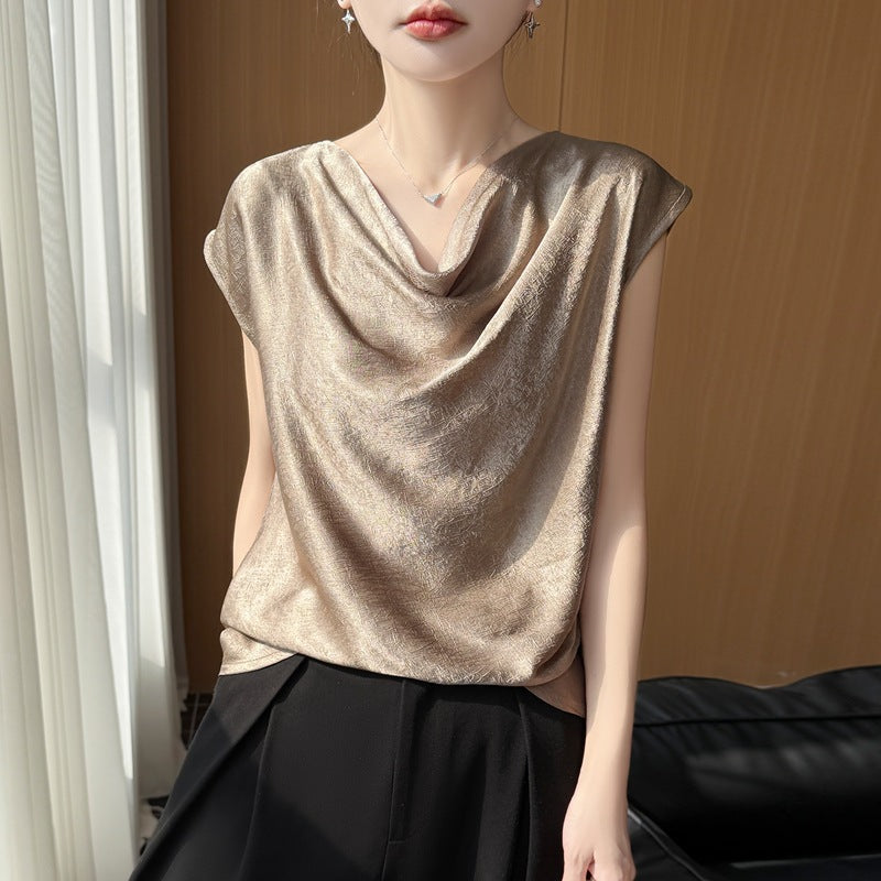 Women's Silk Satin Draped Collar Short Sleeve T-Shirt