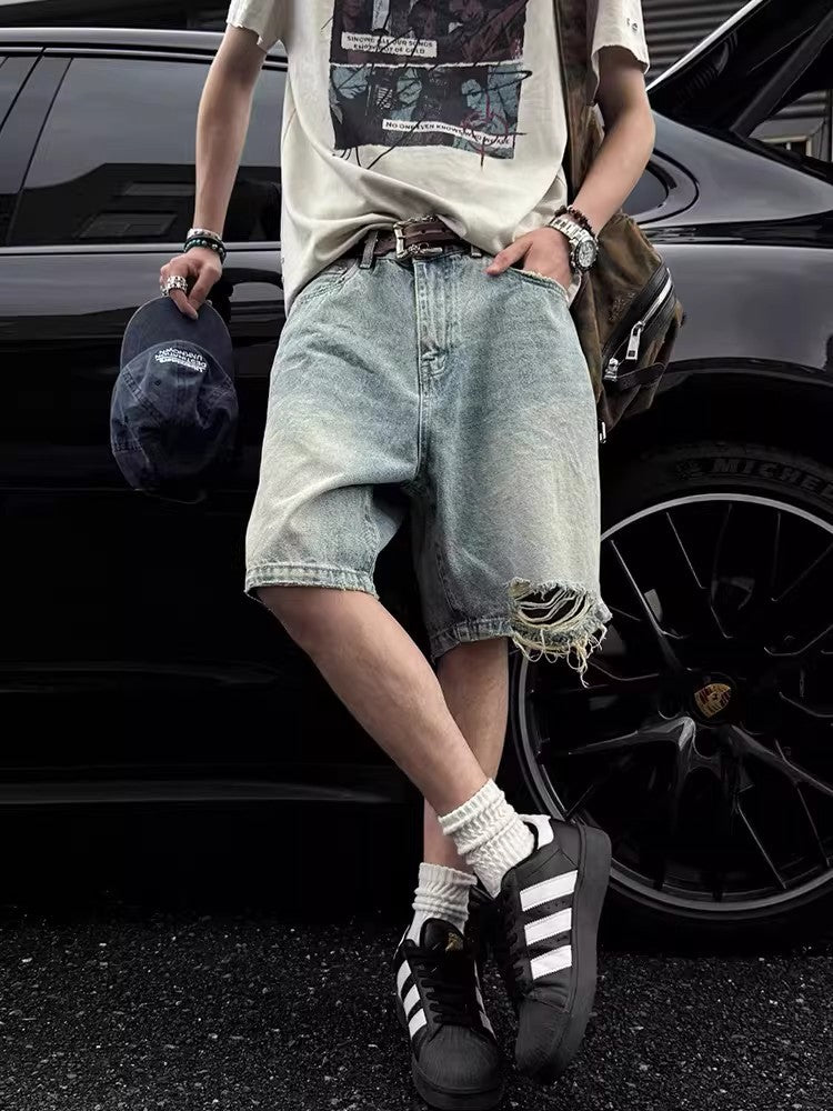 Men's Retro Washed Distressed Denim Shorts Loose Fit