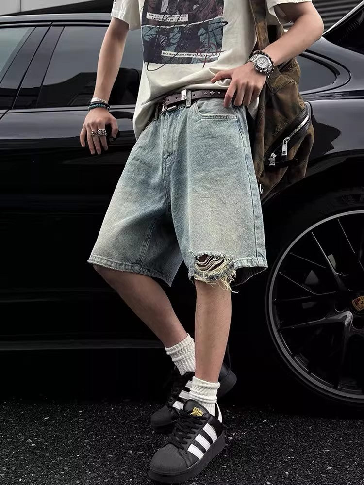 Men's Retro Washed Distressed Denim Shorts Loose Fit
