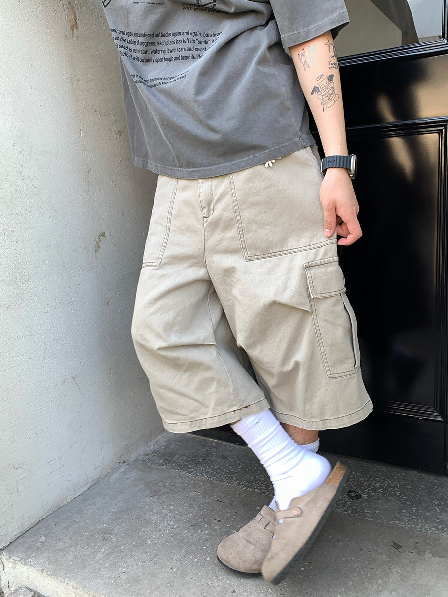 Unisex Retro Wide Leg Denim Capri Shorts Multi-Pocket