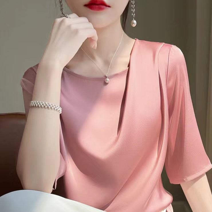 STOCK-Women's Ice Silk Ruched Neck Slim Fit Summer T-Shirt Top
