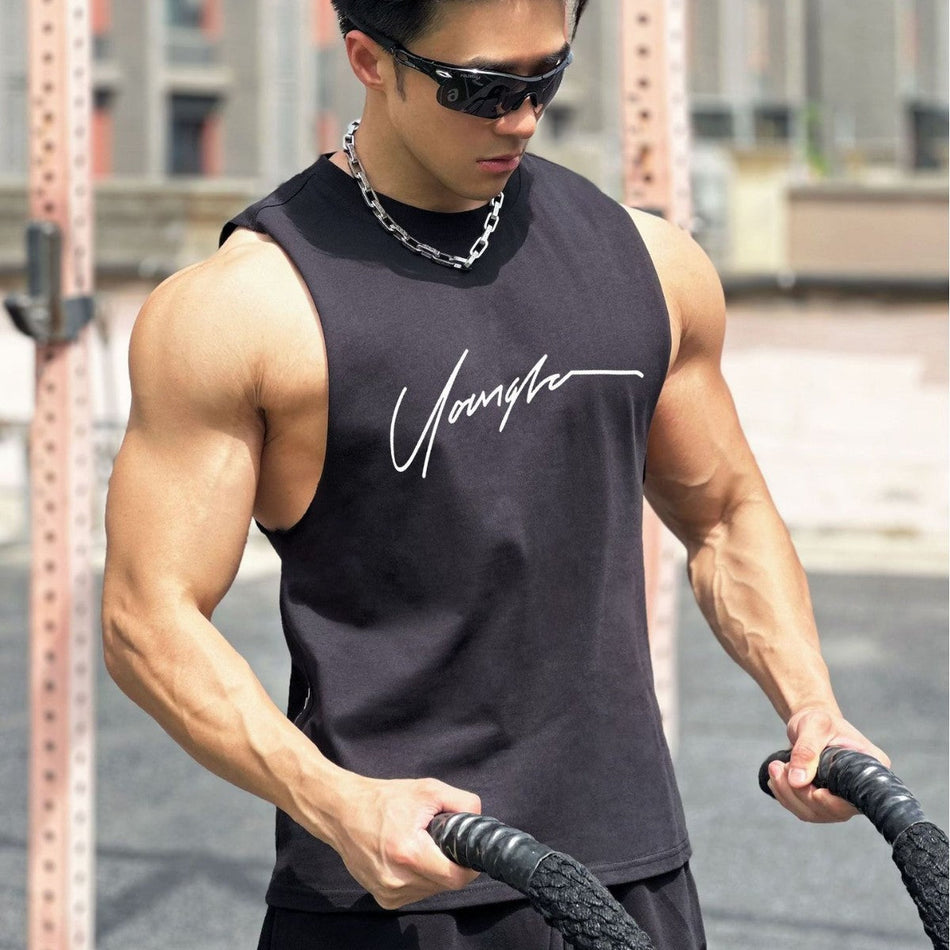 Men's Loose Fit Cotton Sleeveless Sports Training Vest Tank Top