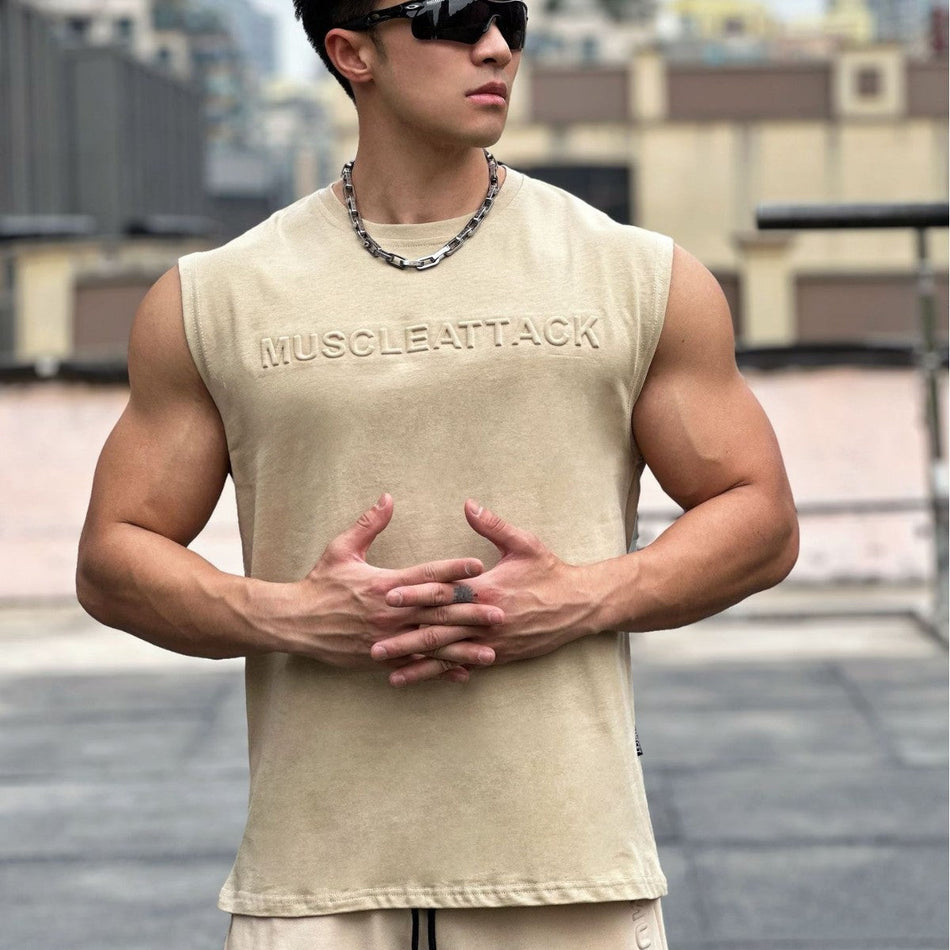 Men's Heavy Cotton Wide Shoulder Sleeveless Sports Vest Tank