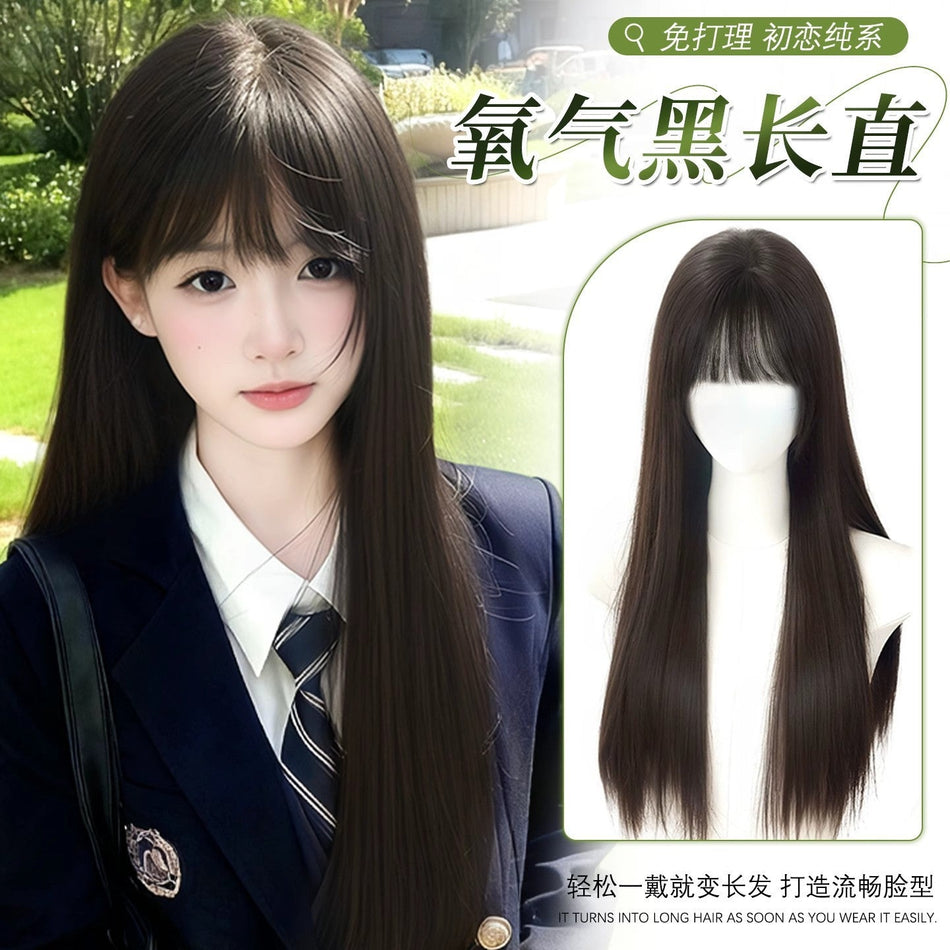 Long Straight Bangs Full Head Wig for Women Natural Daily Wea