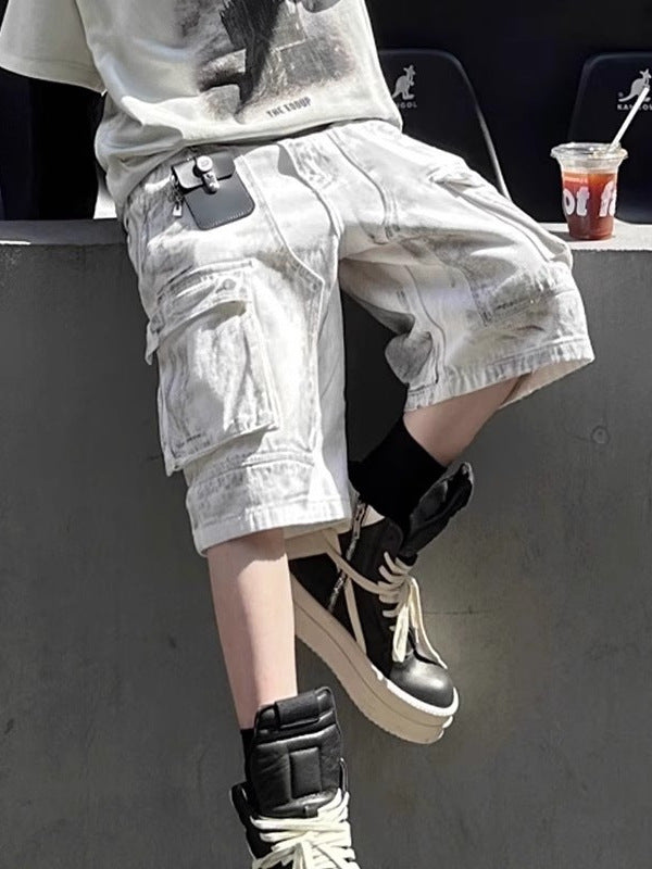 Men's High Street Washed Denim Knee-Length Cargo Shorts
