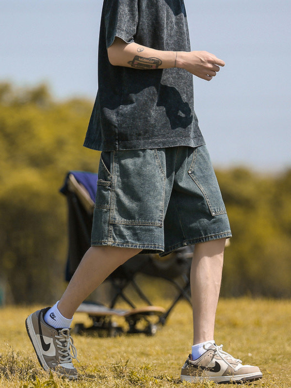 Men's Retro Washed Denim Five-Point Shorts Loose Fit