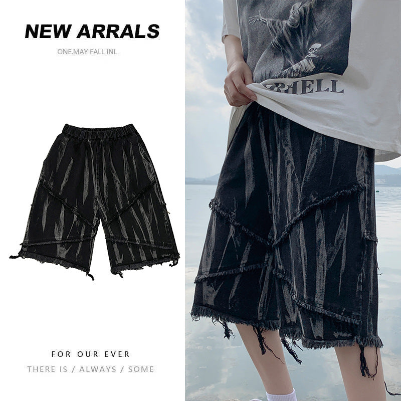 Men's Tie-Dye Washed Black Denim Loose Fit Shorts